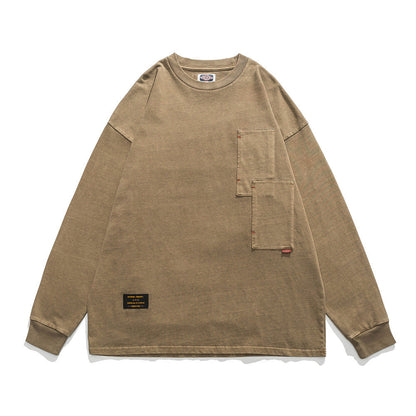 Men Long Sleeve T-Shirt Heavy Distressed Double Bag Decoration