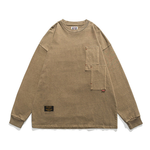 Men Long Sleeve T-Shirt Heavy Distressed Double Bag Decoration