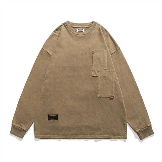 Men Long Sleeve T-Shirt Heavy Distressed Double Bag Decoration