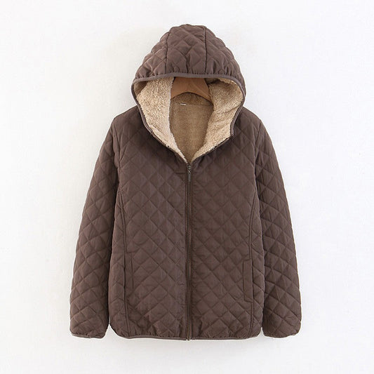 Women Cotton Coat Fleece-lined Lamb Fur Hooded Jacket