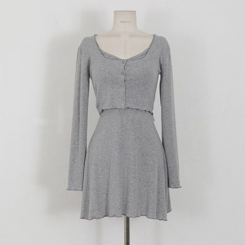 Women Dresses Gray V-neck Slip Dress Short Cardigan Long Sleeve Jacket