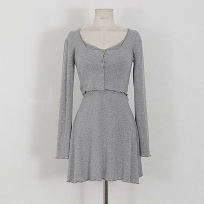 Women Dresses Gray V-neck Slip Dress Short Cardigan Long Sleeve Jacket