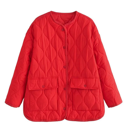 Women Cotton Coat Fashion Collarless Diamond Lattice Loose