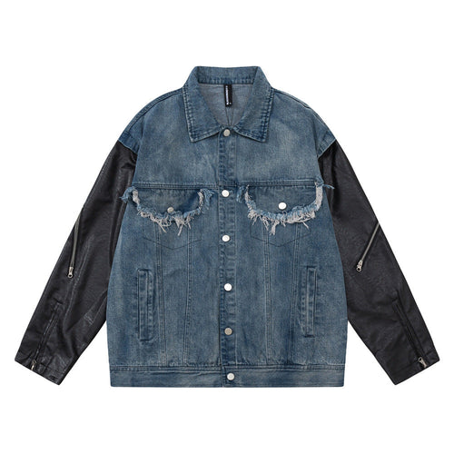 Men Jacket Coat PU Leather Sleeve Denim Jacket Men Lapel Motorcycle Clothing Coat