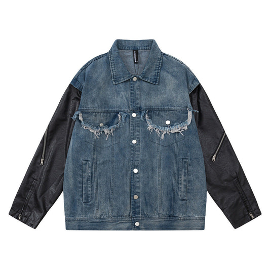 Men Jacket Coat PU Leather Sleeve Denim Jacket Men Lapel Motorcycle Clothing Coat