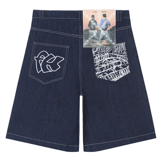Men Shorts Printed Straight Denim Shorts Loose