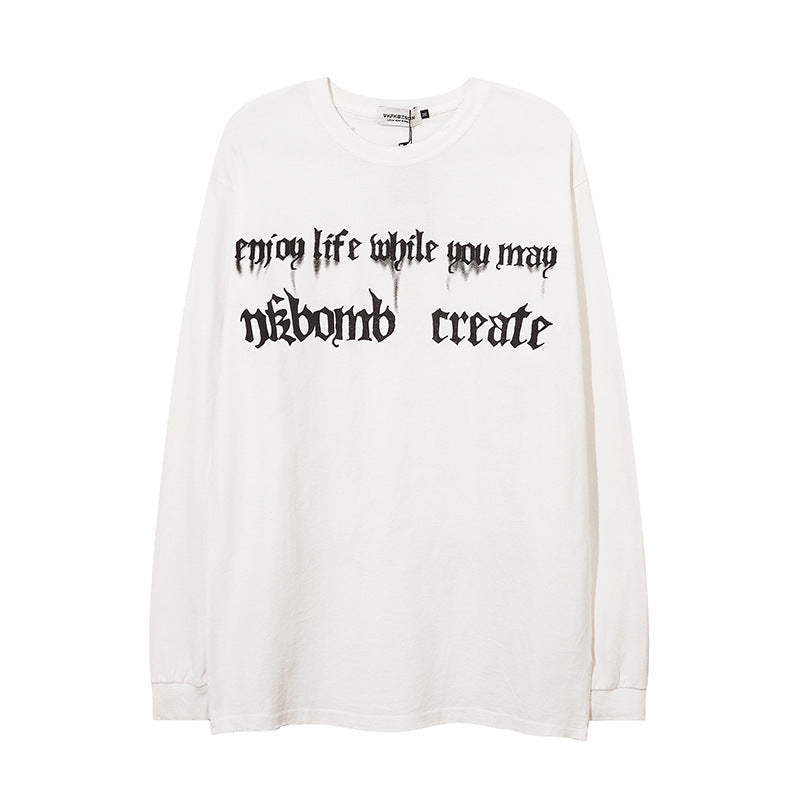 Men Long Sleeve T-Shirt Letter Print Loose Worn out