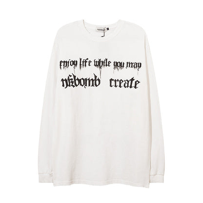 Men Long Sleeve T-Shirt Letter Print Loose Worn out