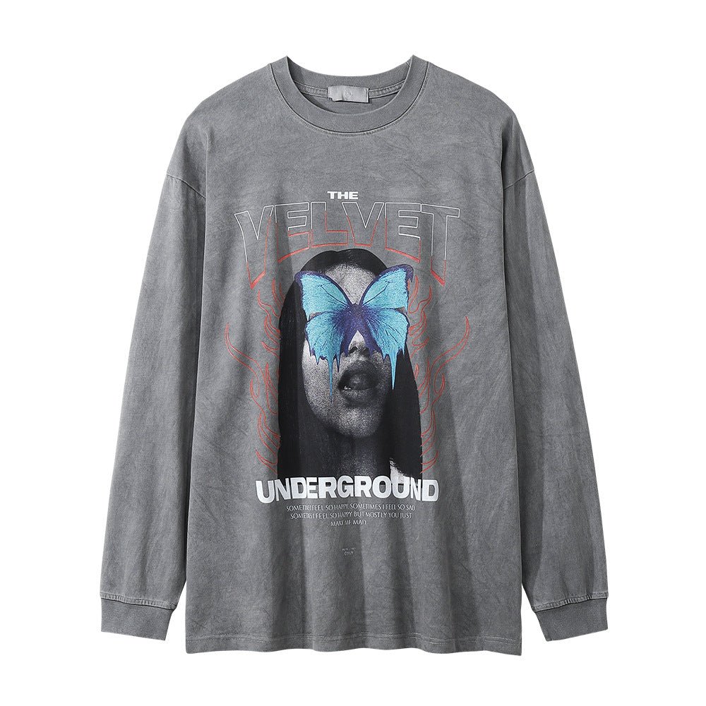 Men Long Sleeve T-Shirt Dark Character Print Punk & Rock Washed and Worn