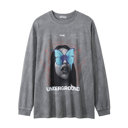 Men Long Sleeve T-Shirt Dark Character Print Punk & Rock Washed and Worn