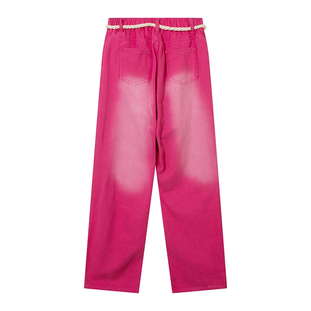 Women Pants Pink Jeans Tie-Dye XINGX Printed Straight-Leg Pants