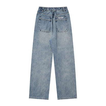 Women Pants Straight Jeans Loose Wash Casual Elastic Waist Wide Leg Trousers