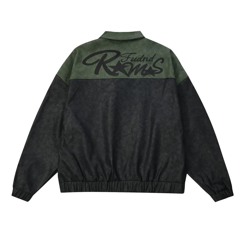 Men Jacket Coat Loose Leather Coat Coat Men's Color Contrast Patchwork Embroidered Letter Lapel PU Leather Jacket