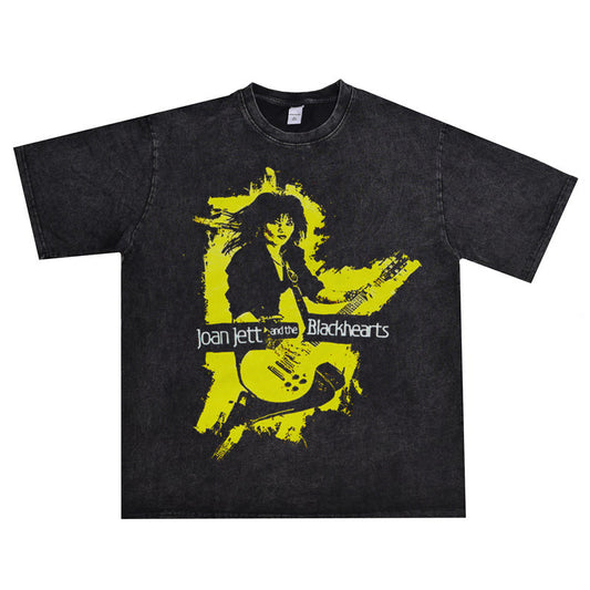 Rock Star T Shirt Punk & Rock Joan Jett Joan Jett Washed Distressed T-shirt Short Sleeve Men and Women Loose