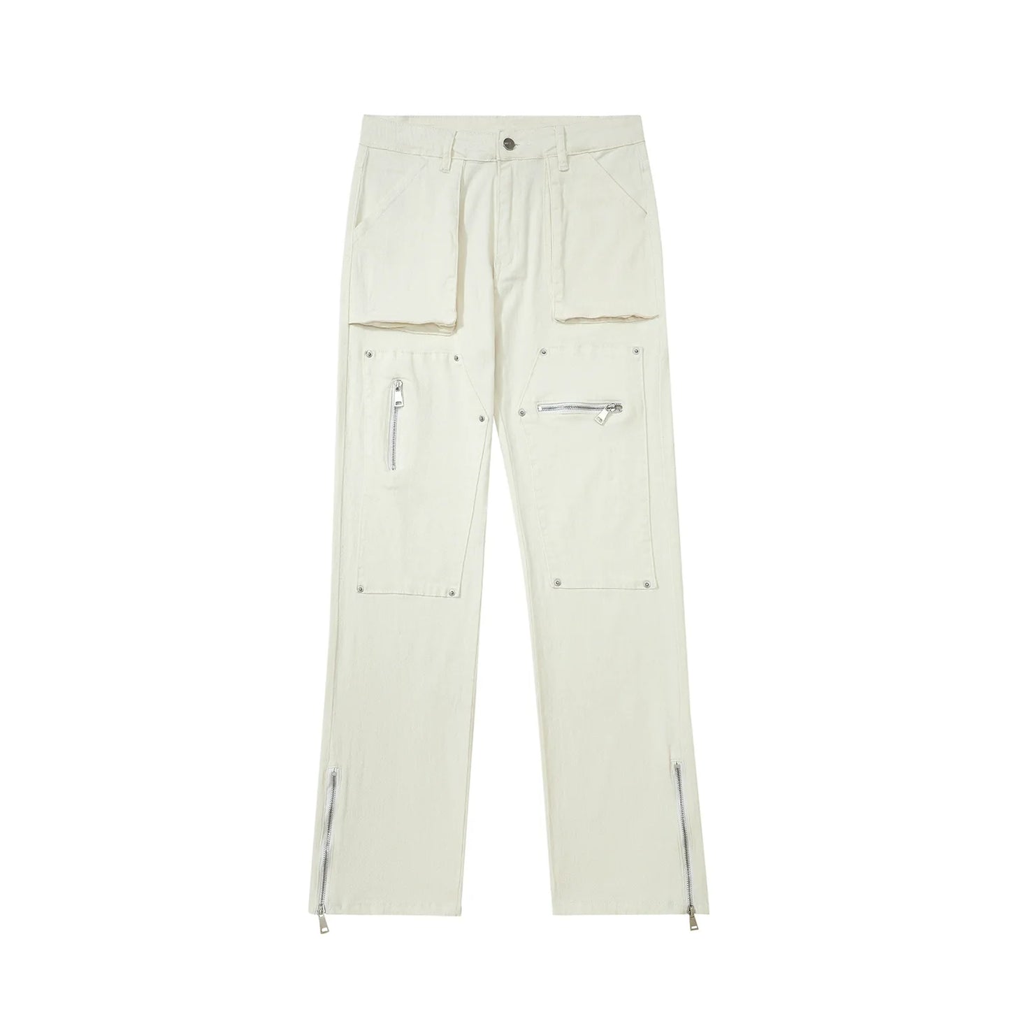 Men Sweatpants Cargo Casual Trousers Pocket Straight-Leg Pants Denim Zipper Pants