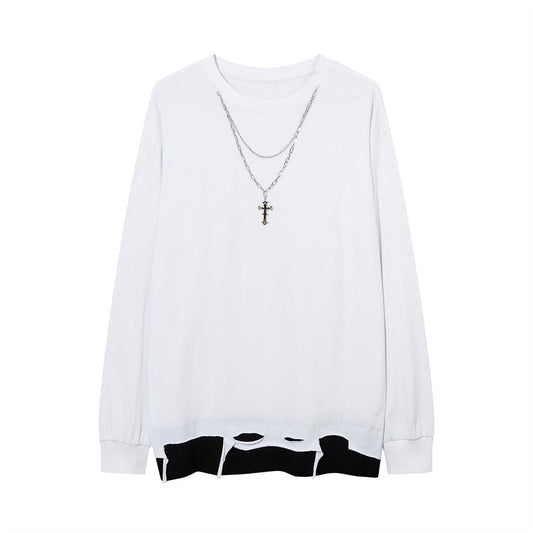 Men Long Sleeve T-Shirt Cut Broken Stitching Fake Two-Piece Personalized Necklace