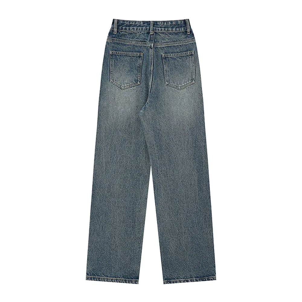 Women Pants Pocket Straight Jeans Loose High Waist Wide Leg Pants Casual Washed Trousers