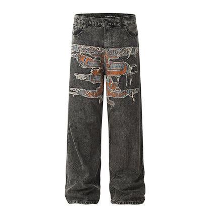 Unisex Pants Make Old Patch Embroidered Loose Jeans