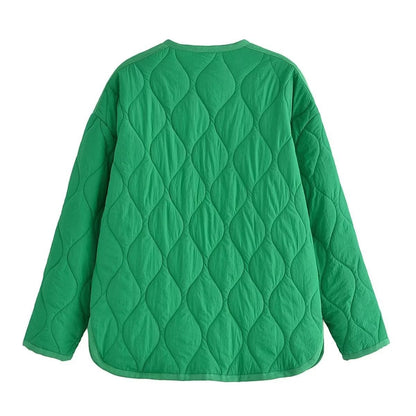Women Cotton Coat Fashion Collarless Diamond Lattice Loose