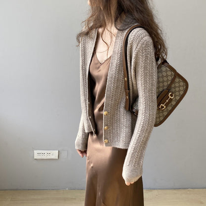 Women Cardigan Sweater Autumn Winter Retro Twist Knitted Cardigan Jacket V-neck Long Sleeve Sweater 8t3102