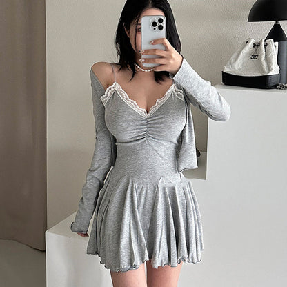 Women Dresses Lace V-neck Slip Dress Long Sleeve Jacket