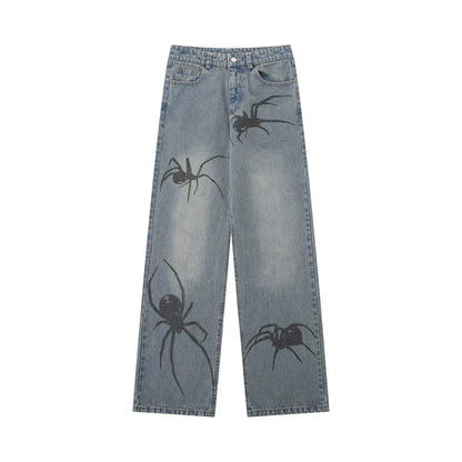 Women Pants Spider Print Straight Jeans Loose-Fitting Wide-Leg Trousers
