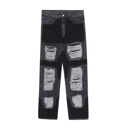 Men Jeans Stitching Ripped Leisure Wide Leg