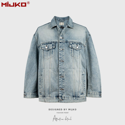 MIJKO Mens Jacket Washed Distress Denim Jacket