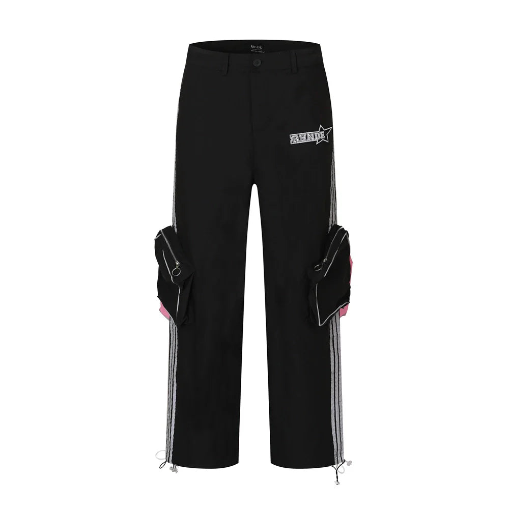Men Sweatpants Pocket Side Patchwork Stripes Cargo Pants Men Sports Loose Casual Straight Trousers