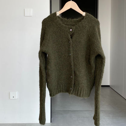 Women Cardigan Sweater Spring Alpaca Fleece/Fiber Cardigan Jacket Long-Sleeved round Neck Sweater Cardigan D2366