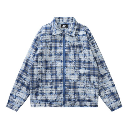 Men Jacket Coat Tie-Dyed Distressed Plaid Shirt Jacket Men's Loose Autumn Long Sleeve Zipper and Lapel Shirt Coat