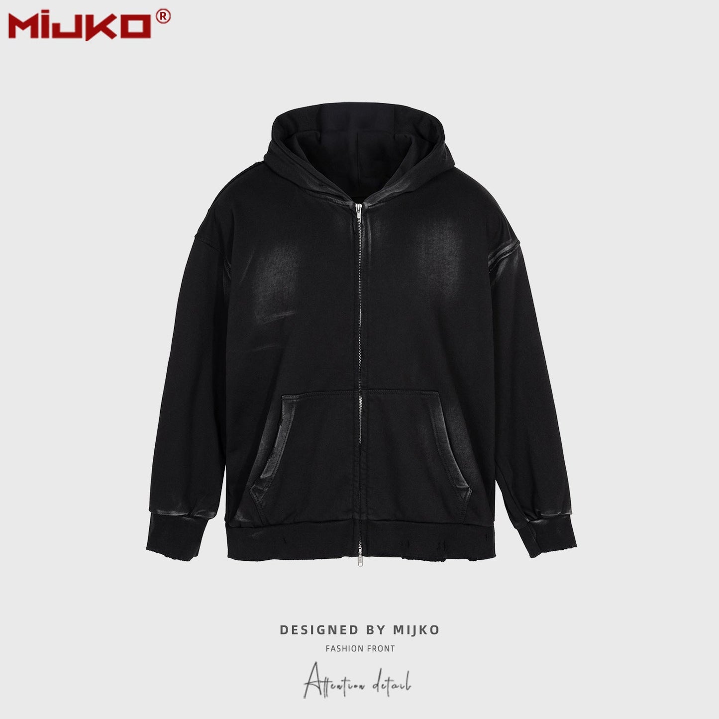MIJKO Mens Jacket Two-way Zipper Distress Hooded Sweater