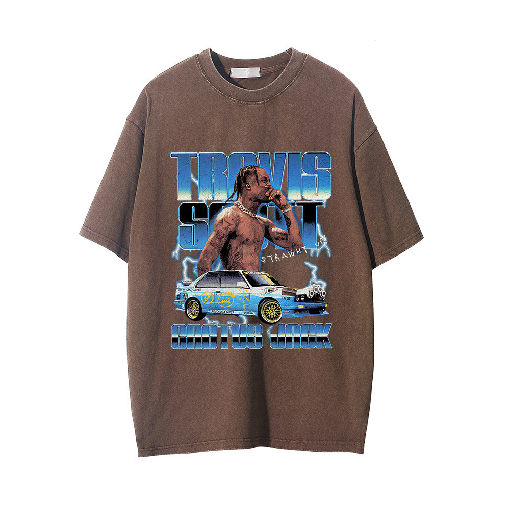 Men Vintage T-Shirt Distressed Short-Sleeved T-shirt Men's Summer Loose round Neck