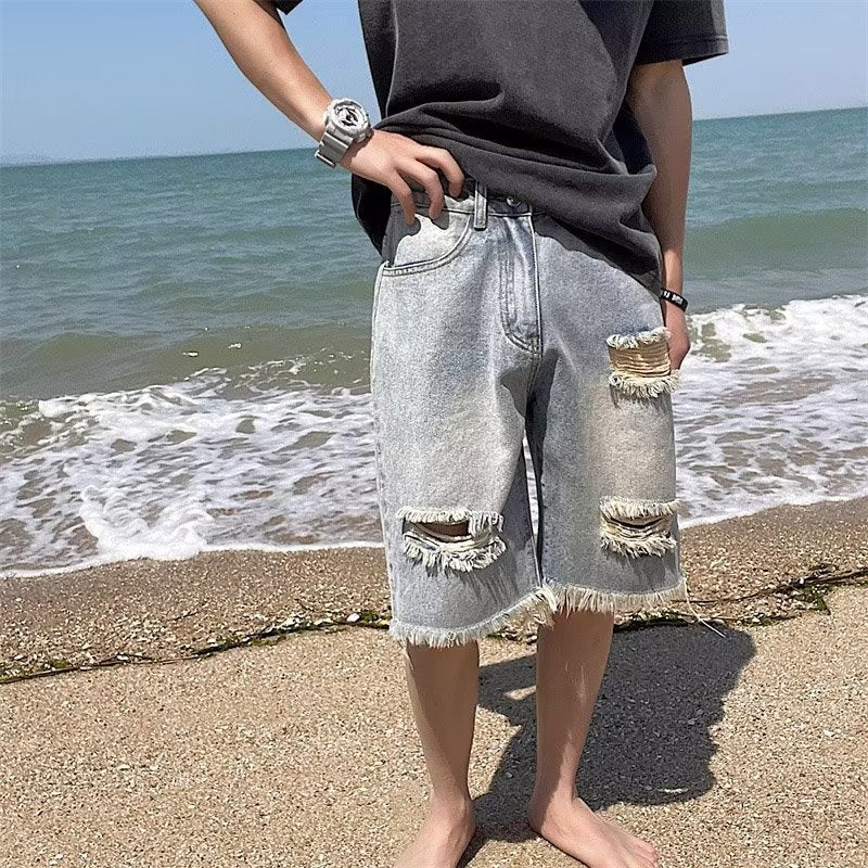 Men Jeans Hole Repair Denim Shorts Summer Vintage Shorts