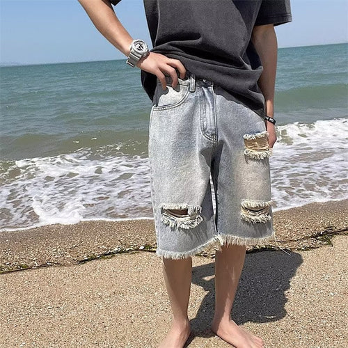 Men Jeans Hole Repair Denim Shorts Summer Vintage Shorts
