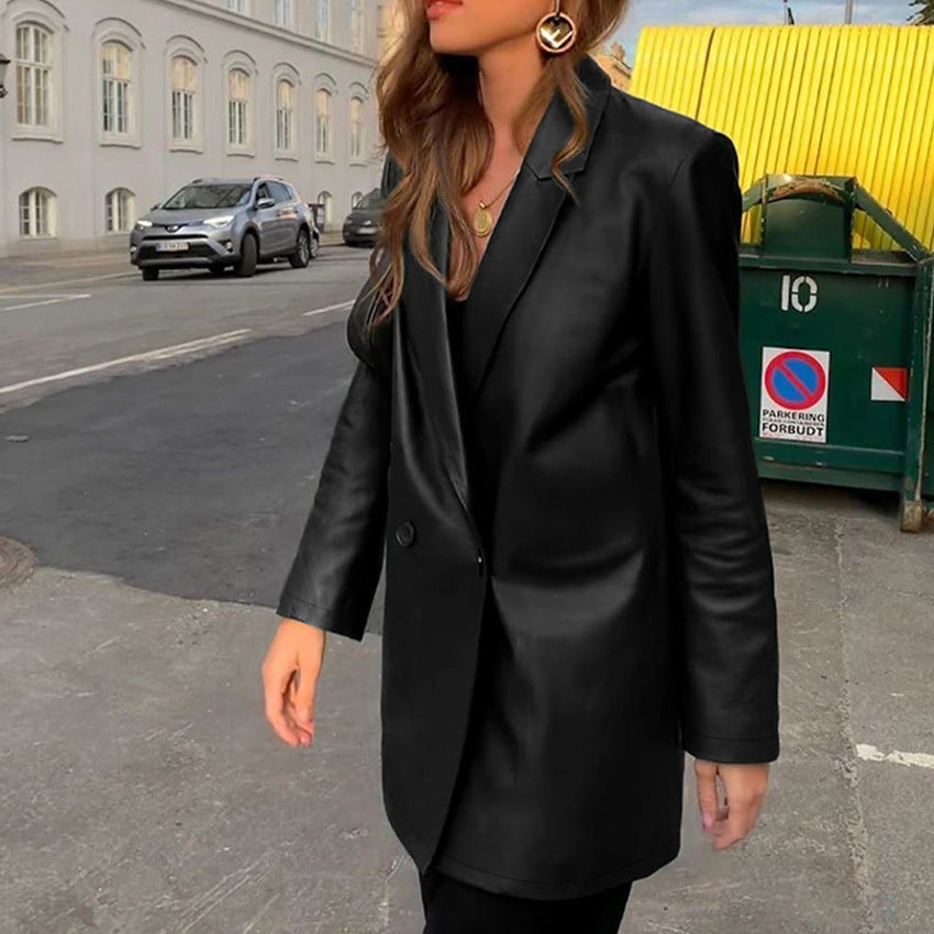 Women Trench Coat Autumn and Winter PU Leather Coat European and American Street Fashion Suit Long Sleeve Jacket