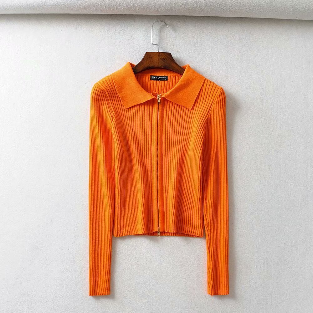 Women Sweater Knitwear Autumn Sexy Slim Lapel Double-Headed Zipper Navel Jacket