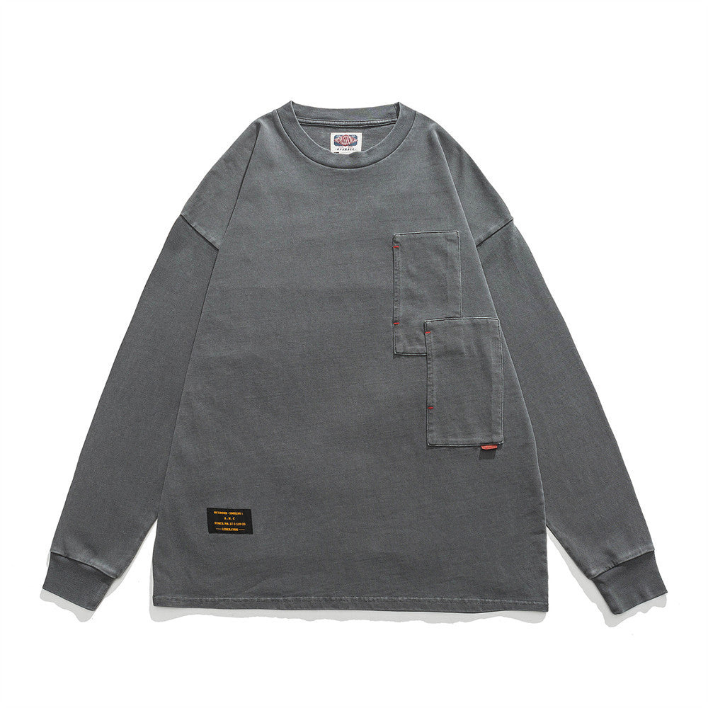 Men Long Sleeve T-Shirt Heavy Distressed Double Bag Decoration