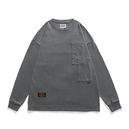 Men Long Sleeve T-Shirt Heavy Distressed Double Bag Decoration