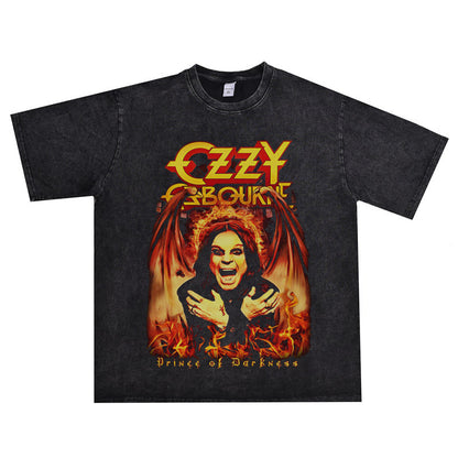 Rock Star T Shirt Singer  Ozzy Osbourne Washed Distressed T-shirt Short Sleeve Loose