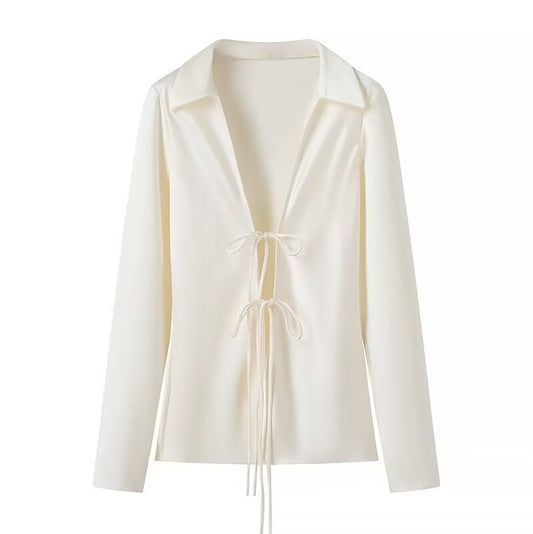 Women Tops Summer Lace-up Shirt V-neck Top