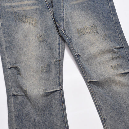 Men Jeans Ripped Distressed Pleated