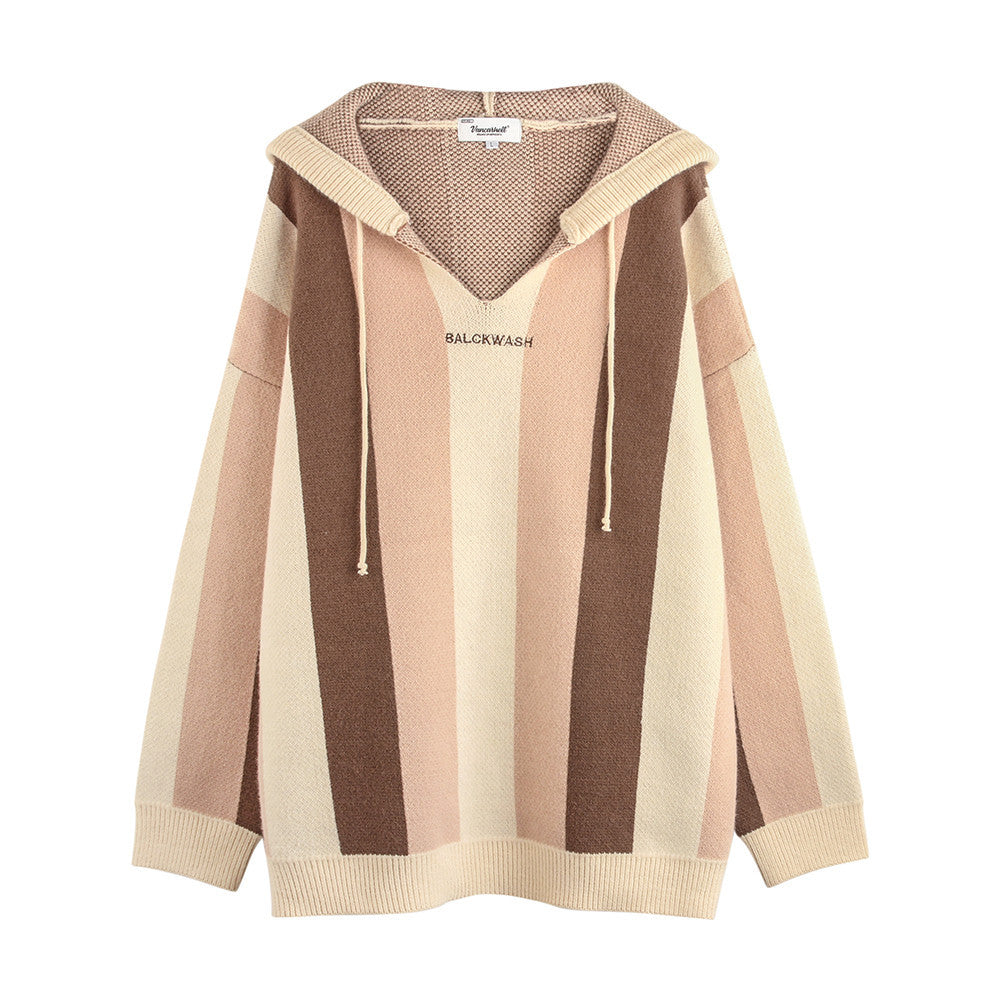 Men Sweater Striped Hooded Pullover Knitted Sweater