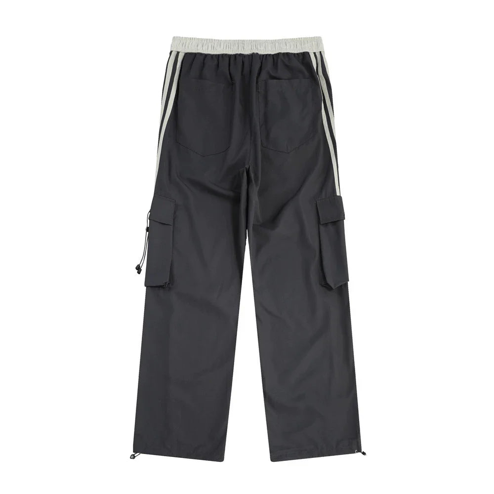 Men Sweatpants Contrast Color Striped Multi-Pocket Workwear Casual Pants Loose Straight Wide Leg Pants Men Sports Jogger Pants