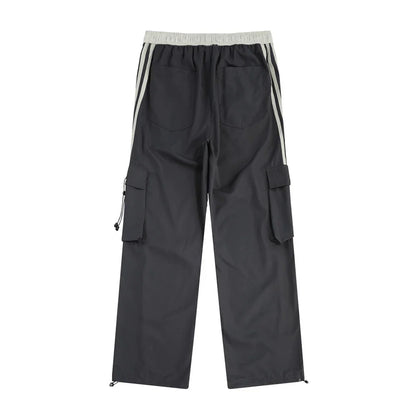 Men Sweatpants Contrast Color Striped Multi-Pocket Workwear Casual Pants Loose Straight Wide Leg Pants Men Sports Jogger Pants