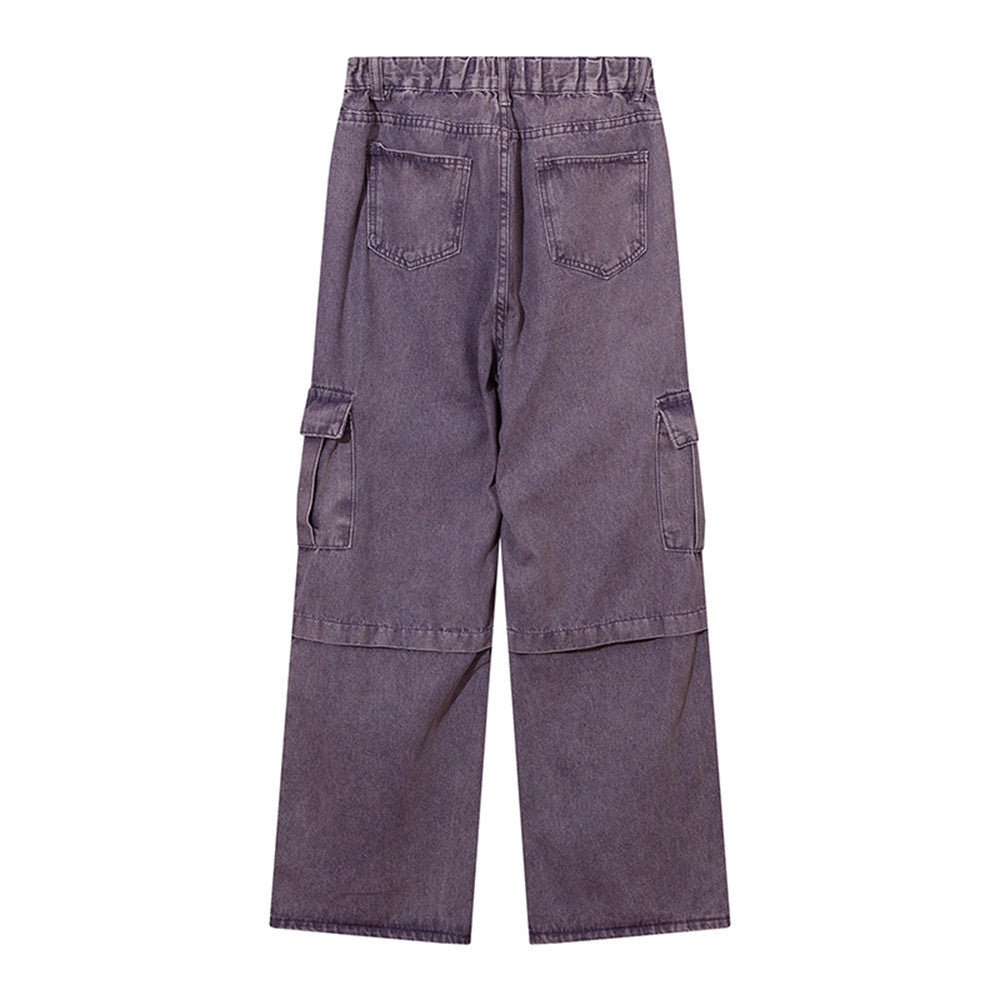 Women Pants Multi-Pocket Workwear Jeans Purple Loose Straight-Leg Wide-Leg Pants