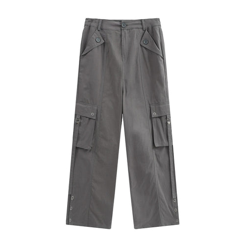 Men Sweatpants Multi-Pocket Workwear Casual Pants Button Split Solid Color Straight-Leg Trousers