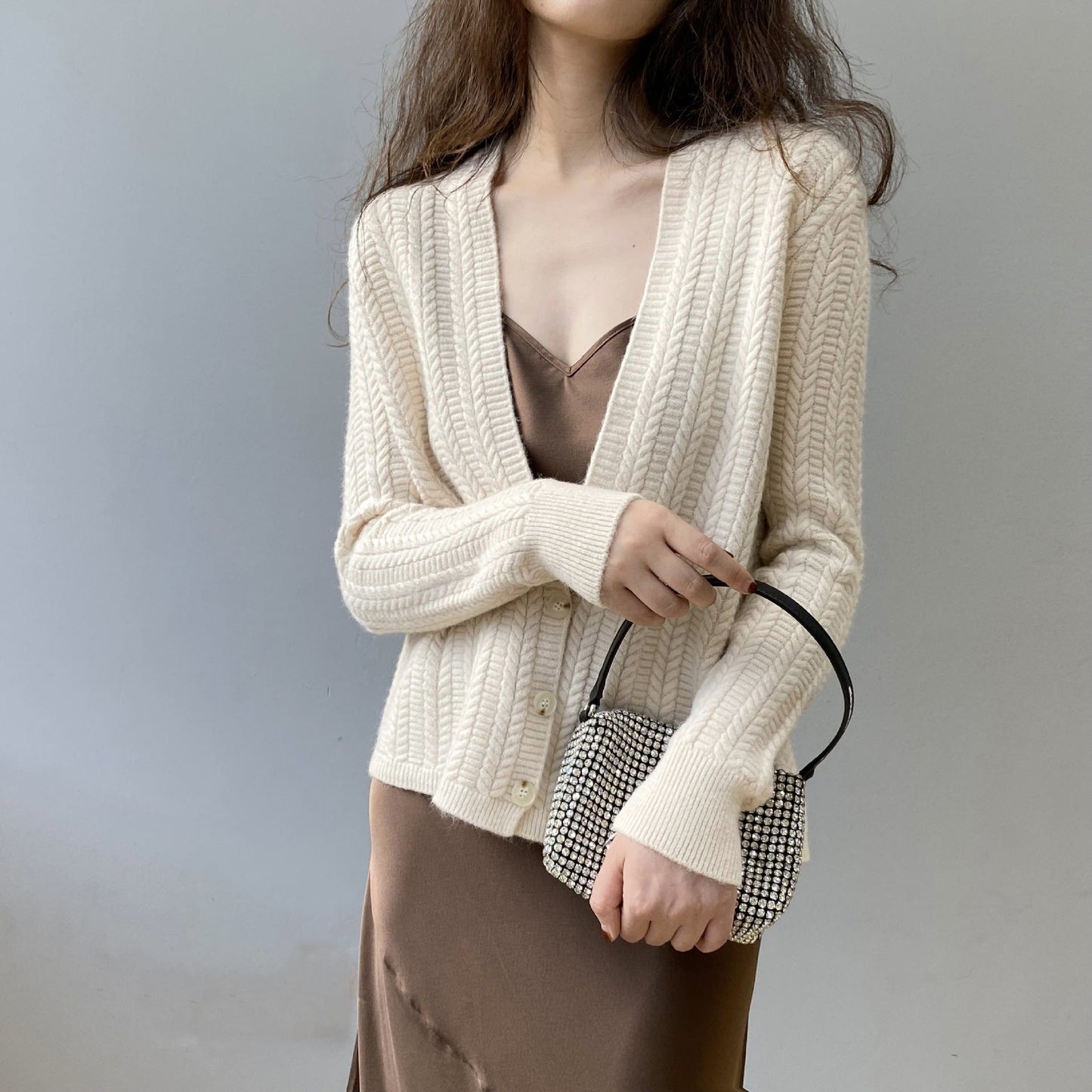 Women Cardigan Sweater Autumn Winter Retro Twist Knitted Cardigan Jacket V-neck Long Sleeve Sweater 8t3102