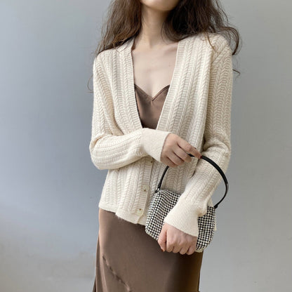 Women Cardigan Sweater Autumn Winter Retro Twist Knitted Cardigan Jacket V-neck Long Sleeve Sweater 8t3102