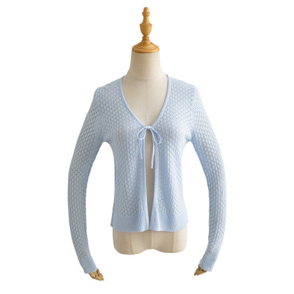 Women Sweater Knitwear Knitted Sun Protection Shirt Summer Slim Fit V-neck Hollow Lace-up Cardigan Jacket